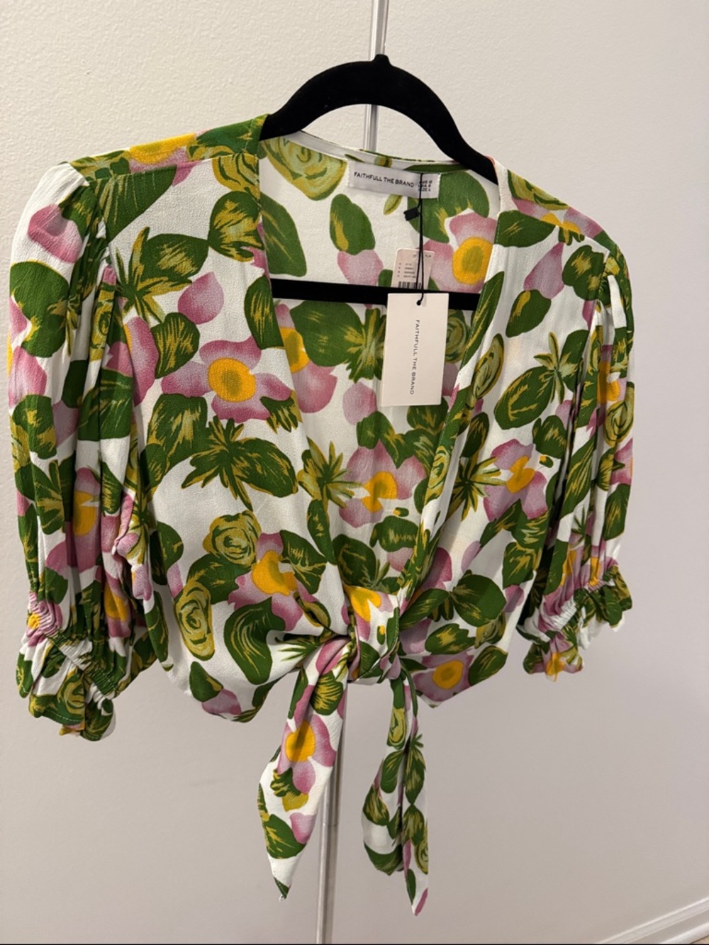 Faithfull the Brand White Floral Tie-Front Puff Sleeve Crop Top